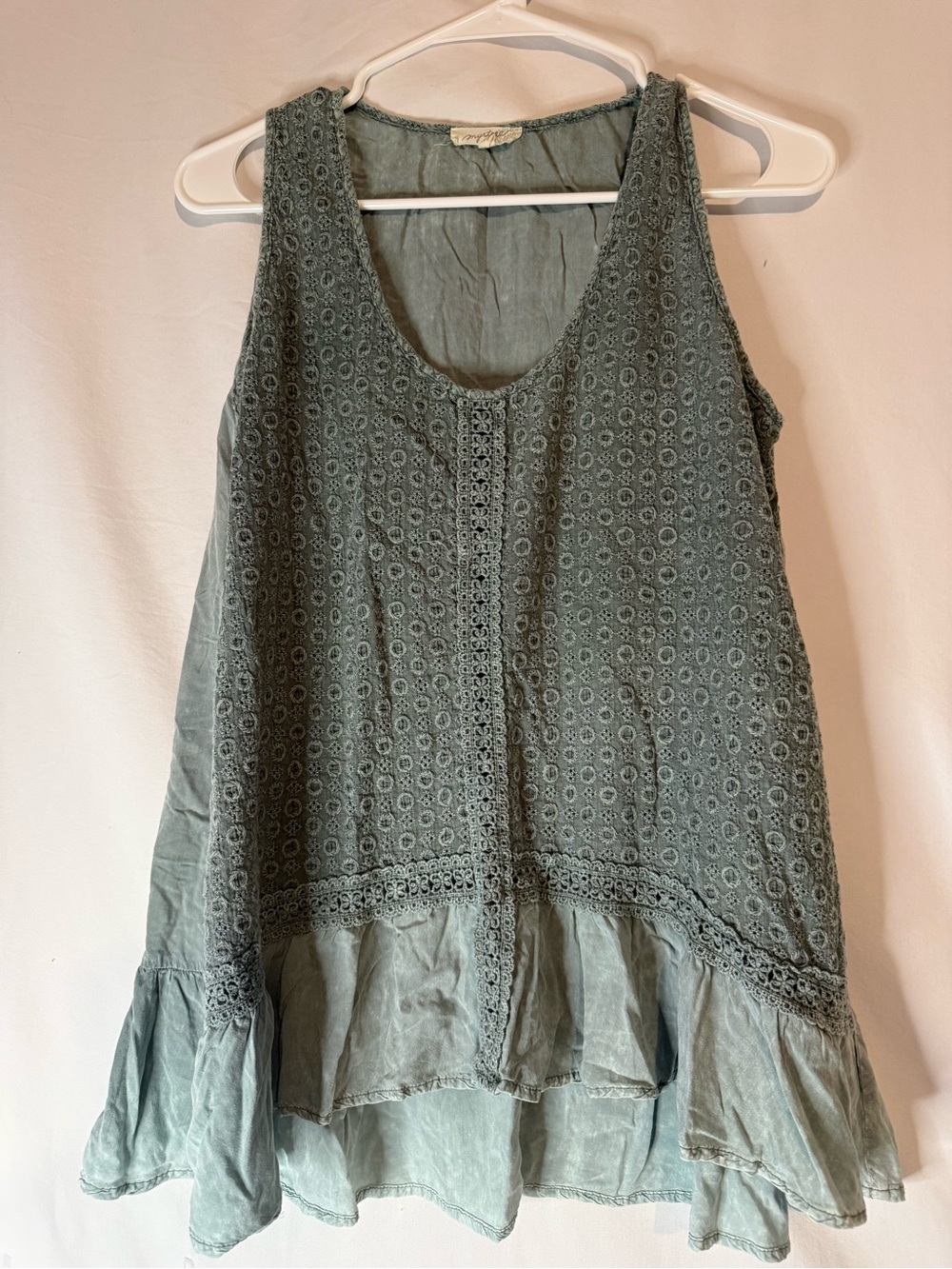 Mystree Womens M Sage Green Lace Embroidered Ruffle Tunic Top Boho Cottagecore